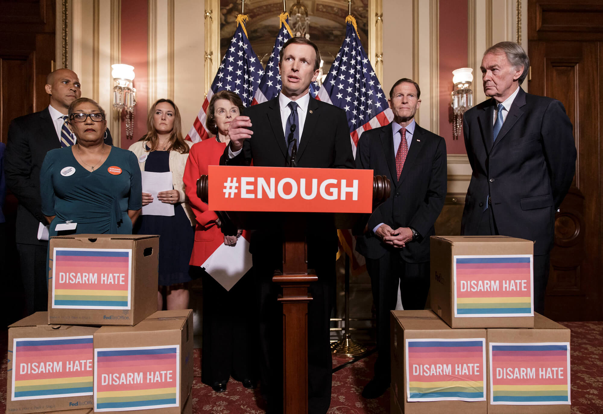 Image of Senator Chris Murphy and other Democratic senators calling for gun control legislation.