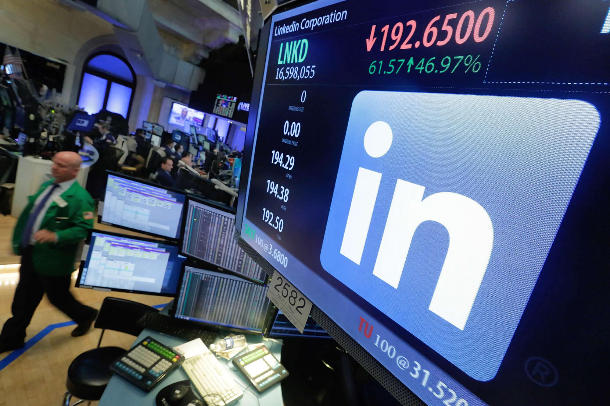 LinkedIn logo appears on a screen at the post where it trades on the floor of the New York Stock Exchange
