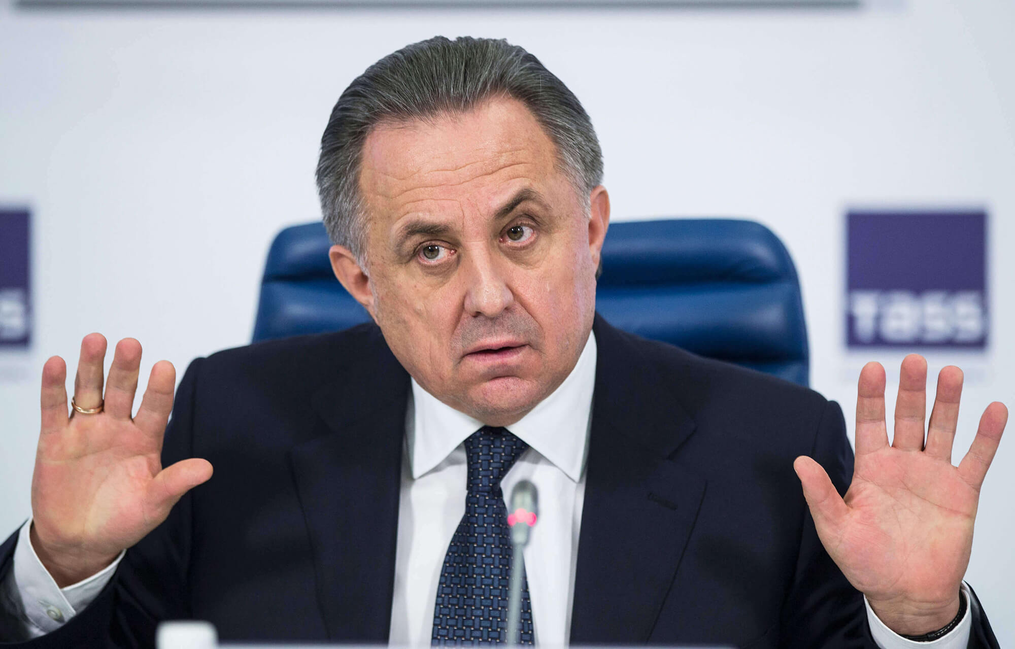 Russian Sports Minister Vitaly Mutko gestures during a news conference about Russian doping scandal