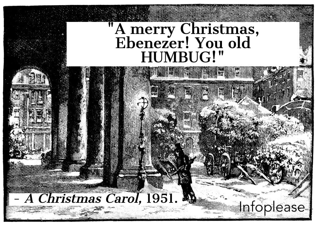 A Christmas Carol quote over Victorian London street drawing