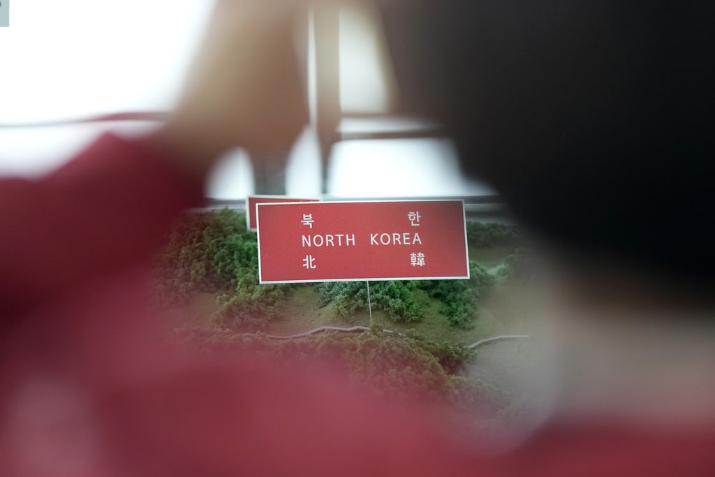 A sign of North Korea is seen on a map at the unification observatory in Paju, South Korea, Wednesday, Nov. 22, 2023.