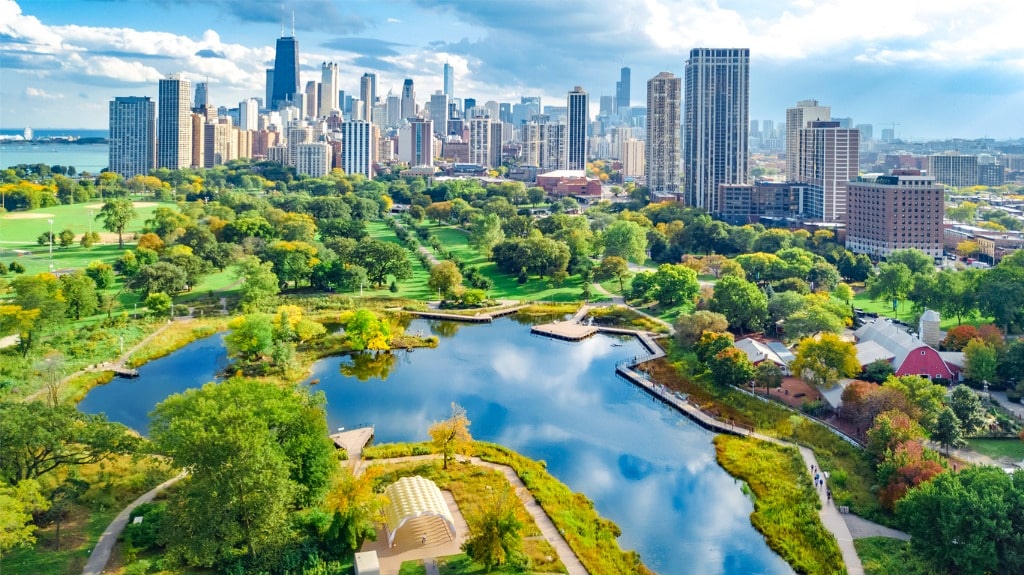 Chicago skyline and city park