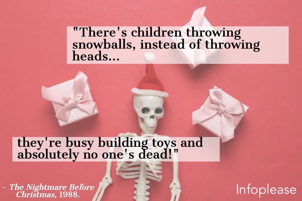 Nightmare Before Christmas quote over skeleton with Santa hat