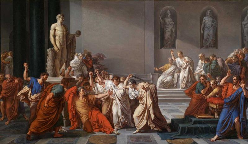 On the Ides of March, Julius Caesar was stabbed to death in the senate house by a gr