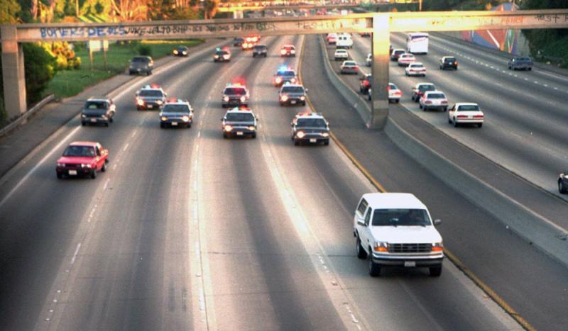 O. J. Simpson's slow-speed chase by the police, watched by millions on TV, ended in his arrest. 