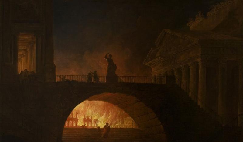 A great fire began that ultimately destroyed most of Rome. The emperor Nero blamed it on Christians 