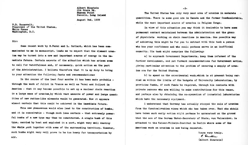A letter from Albert Einstein was delivered to President Franklin D. Roosevelt concerning the possib