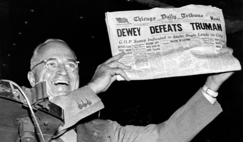 Harry S. Truman defeated Thomas E. Dewey to the surprise of pollsters and newspapers, in the greates