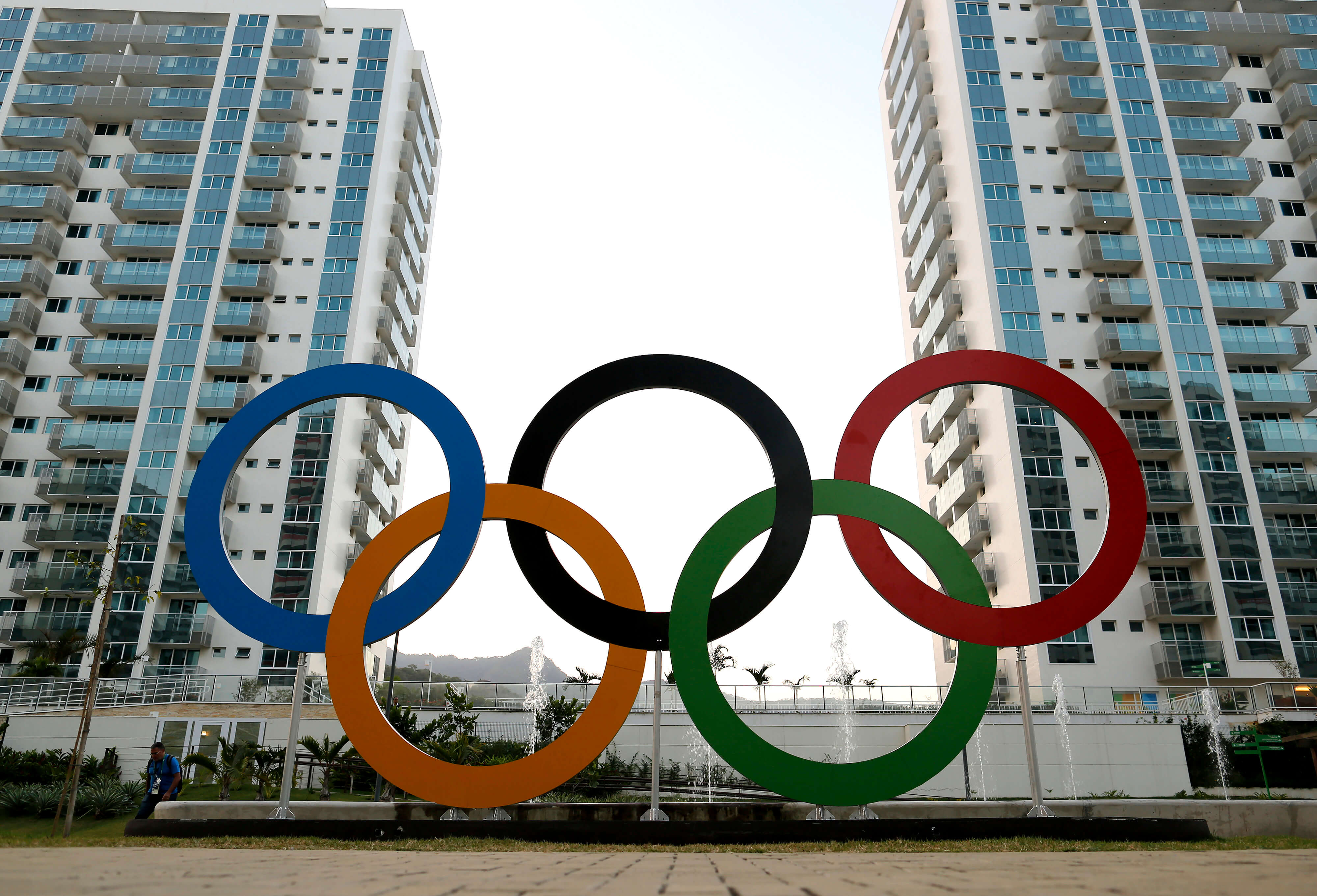 Image of the 5 colorful Olympic rings in the Rio Village