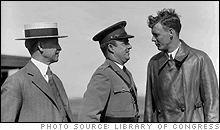 Orville Wright, Major John F. Curry, and Colonel Charles Lindbergh, who came to pay Orville a personal call at Wright Field, Dayton, Ohio, June 22, 1927.