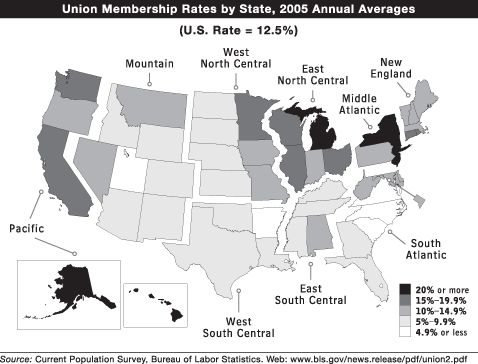 Union Membership Rates by State, 2005 Annual Averages