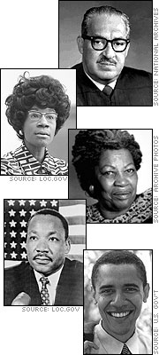 Thurgood Marshall, Shirley Chisholm, Toni Morrison, Martin Luther King, Jr., and Barack Obama