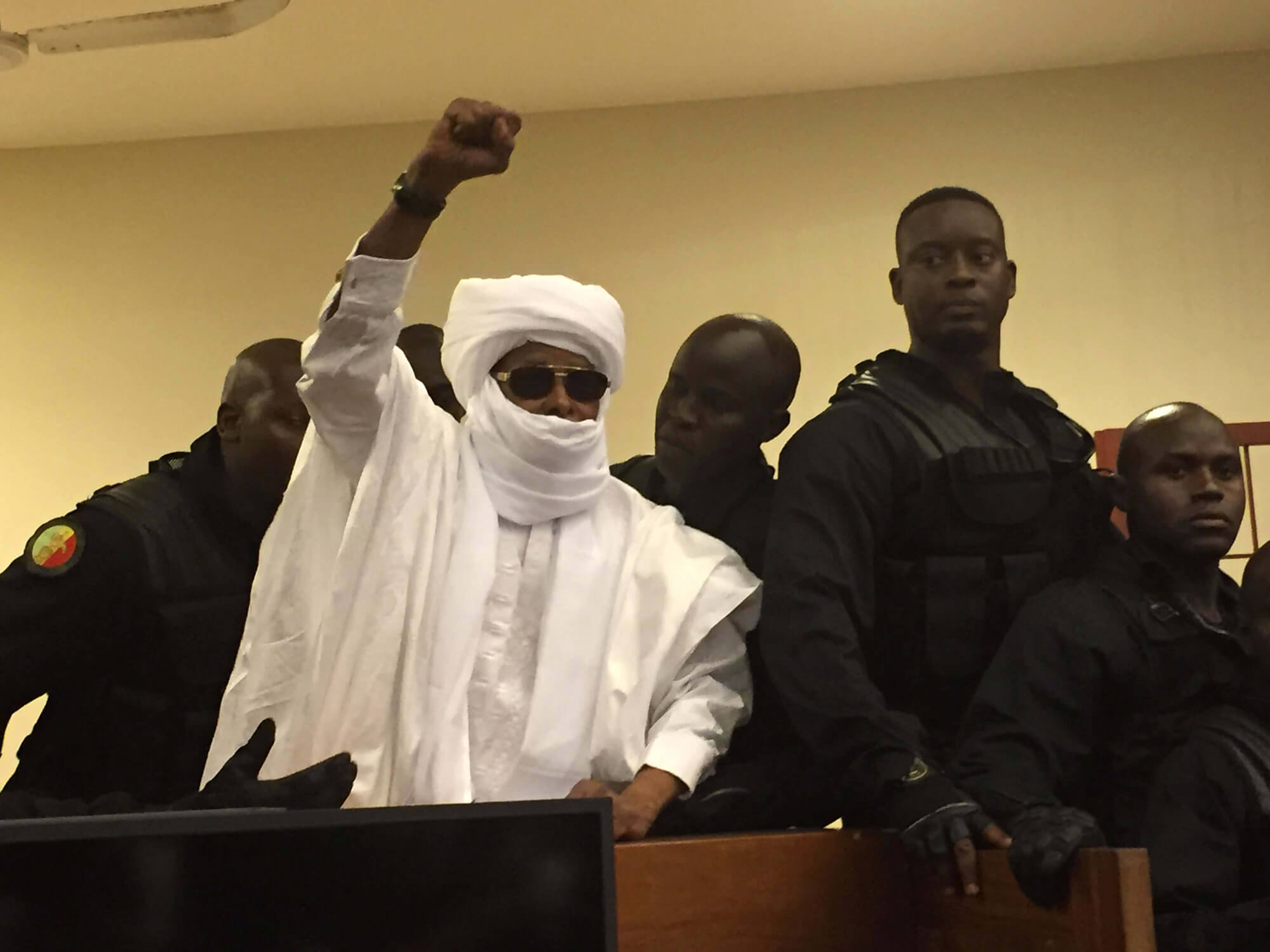 Image of Hissene Habre shouting at his trial
