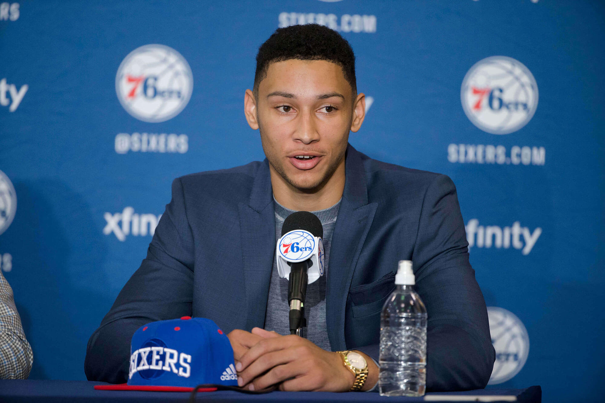 Ben Simmons speaks at a news conference after he is drafted by the 76ers.