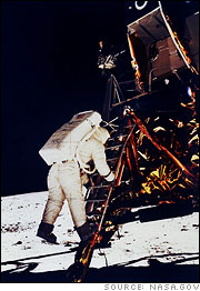 Buzz Aldrin climbs down the Eagle's ladder to the lunar surface.