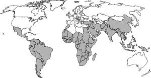 World map showing areas (shaded) where malaria is ever-present, or endemic.