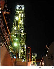 The derrick of the JOIDES Resolution, the scientific drilling ship used to recover the ocean crust.  (Credit: IODP)
