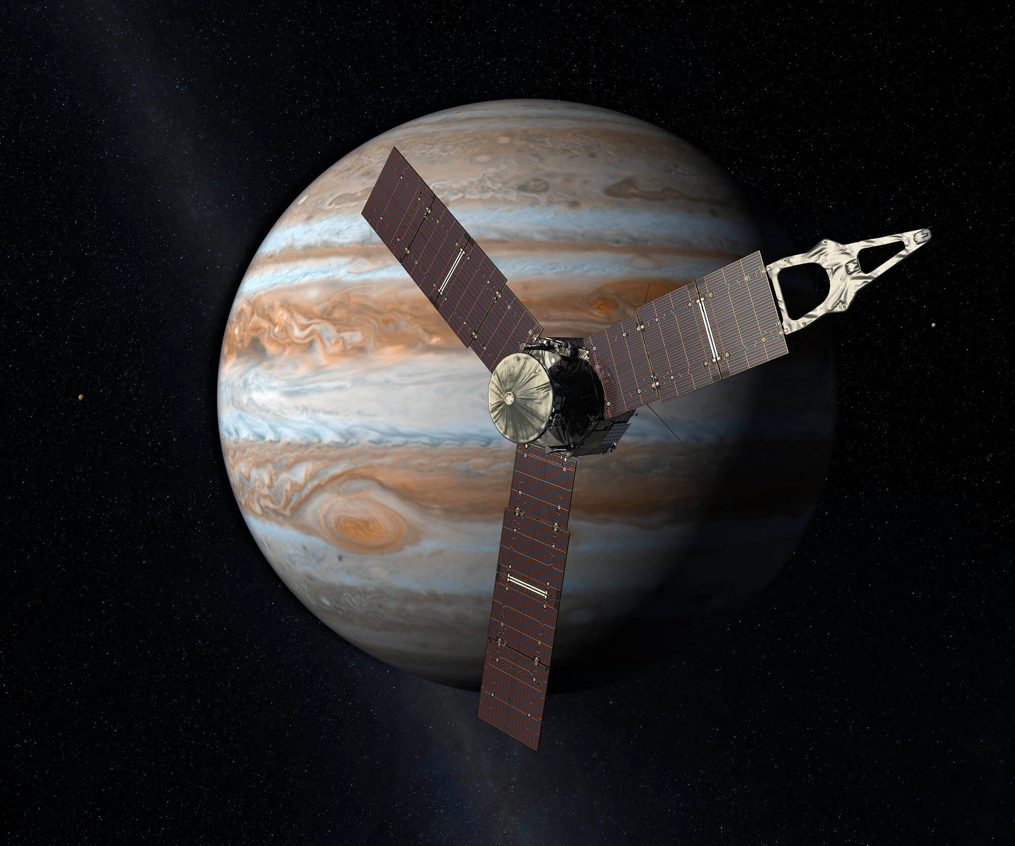 Digitally made image of Juno next to Jupiter.