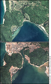 Satellite images of December 2004 tsunami devastation. Before (April 12, 2004) and after (January 2, 2005) comparision photographs of Banda Aceh, North Sumatra, Indonesia.