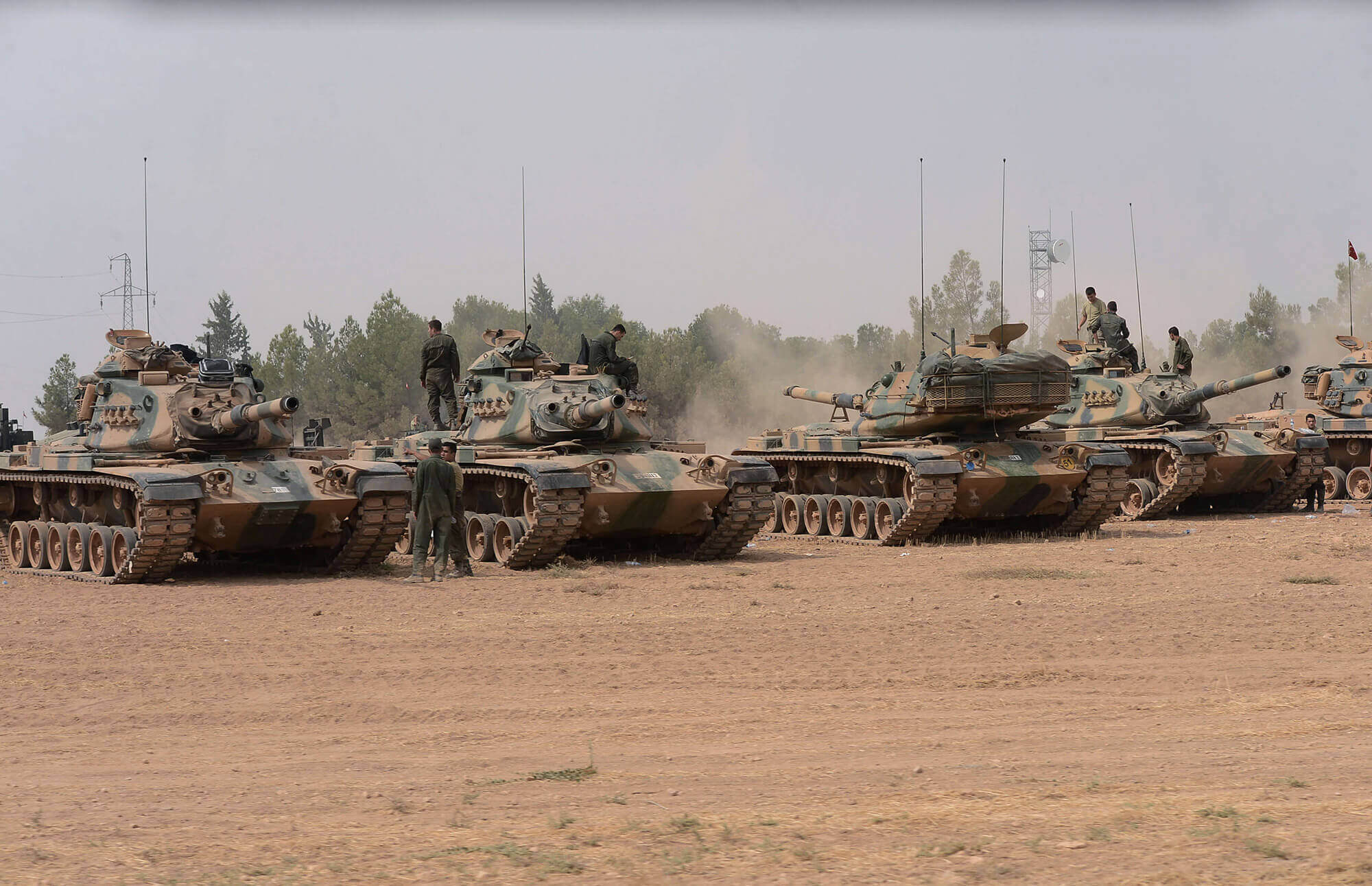 Turkish army tanks stationed near the Syrian border in Karkamis, Turkey