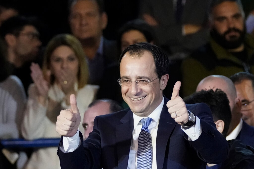 President elect Nikos Christodoulides greets his supporters during his inauguration ceremony after being elected as a new President of Cyprus, in the capital Nicosia, Cyprus, Sunday, Feb. 12, 2023. 