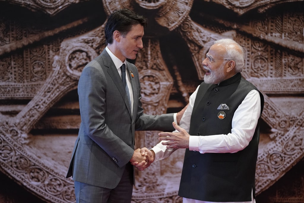 Indian Prime Minister Narendra Modi welcomes Canada Prime Minister Justin Trudeau upon his arrival at Bharat Mandapam convention center for the G20 Summit, in New Delhi, India, Saturday, Sept. 9, 2023. 