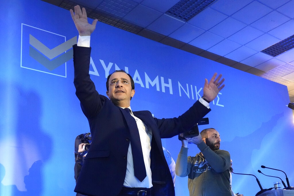 Cypriot Presidential candidate Nicos Christodoulides waves to his supporters during a campaign rally in Nicosia, Cyprus, Sunday, Jan. 29, 2023