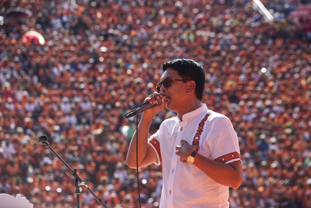 President Andry Rajoelina addresses supporters at an election rally in Antananarivo, Sunday Nov. 12, 2023.