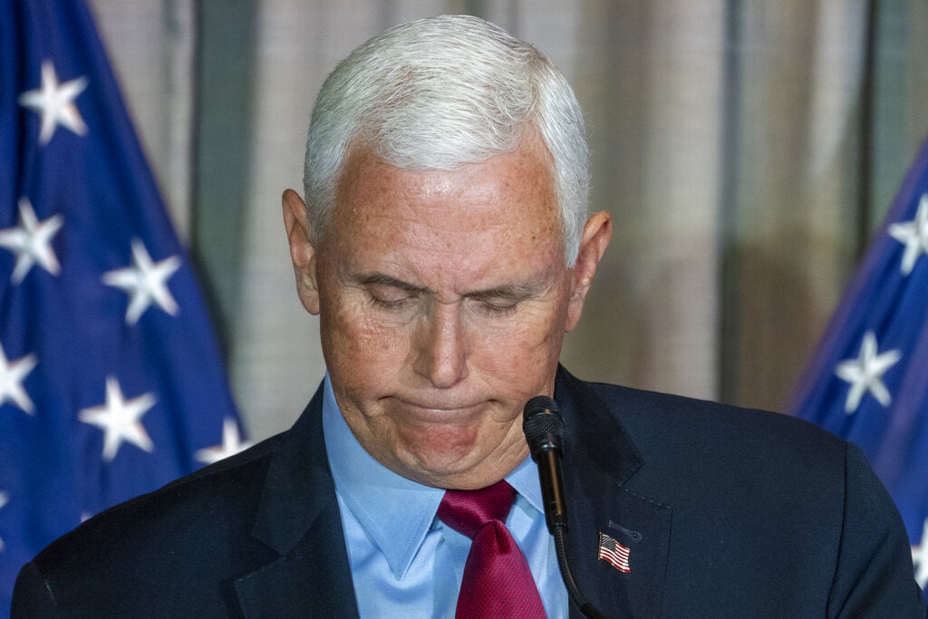 Former Vice President Mike Pence pauses while speaking at a Coolidge and the American Project luncheon in the Madison Building of the Library of Congress, Thursday, Feb. 16, 2023