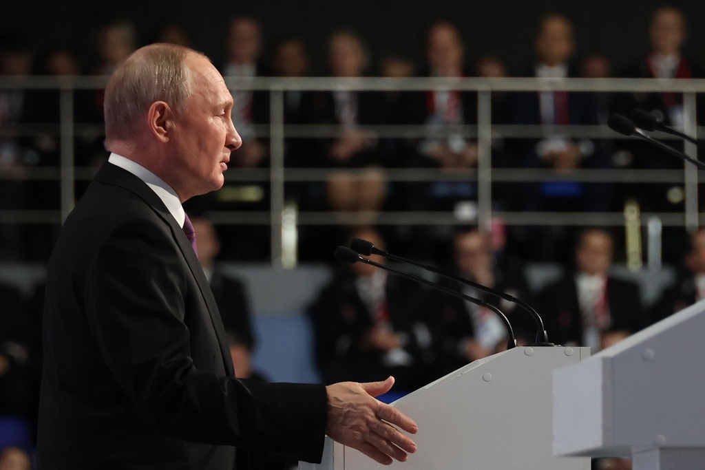 Russian President Vladimir Putin speaks addressing the 4th Railway Congress at the Luzhniki Olympic Complex in Moscow, Russia, Friday, Dec. 15, 2023. 