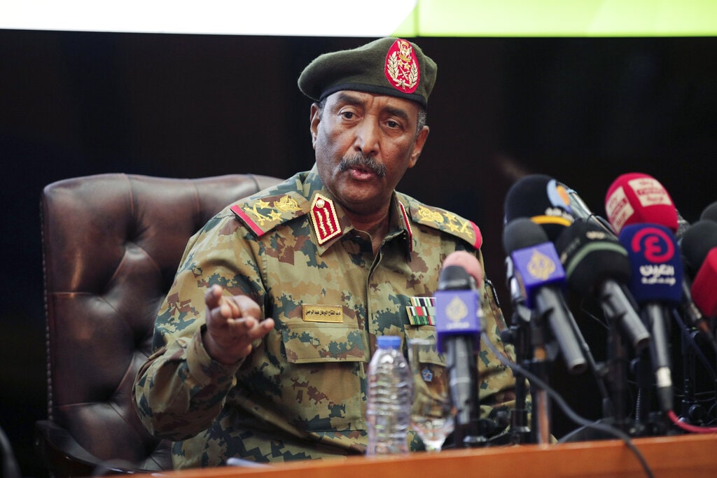 Sudan's head of the military, Gen. Abdel-Fattah Burhan, speaks during a press conference at the General Command of the Armed Forces in Khartoum, Sudan, Tuesday, Oct. 26, 2021