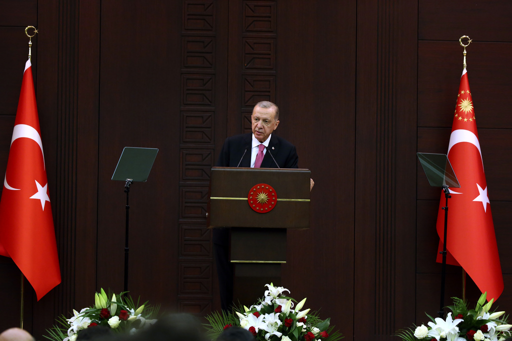 Turkish President Recep Tayyip Erdogan speaks during the inauguration ceremony at the presidential complex in Ankara, Turkey, Saturday, June 3, 2023