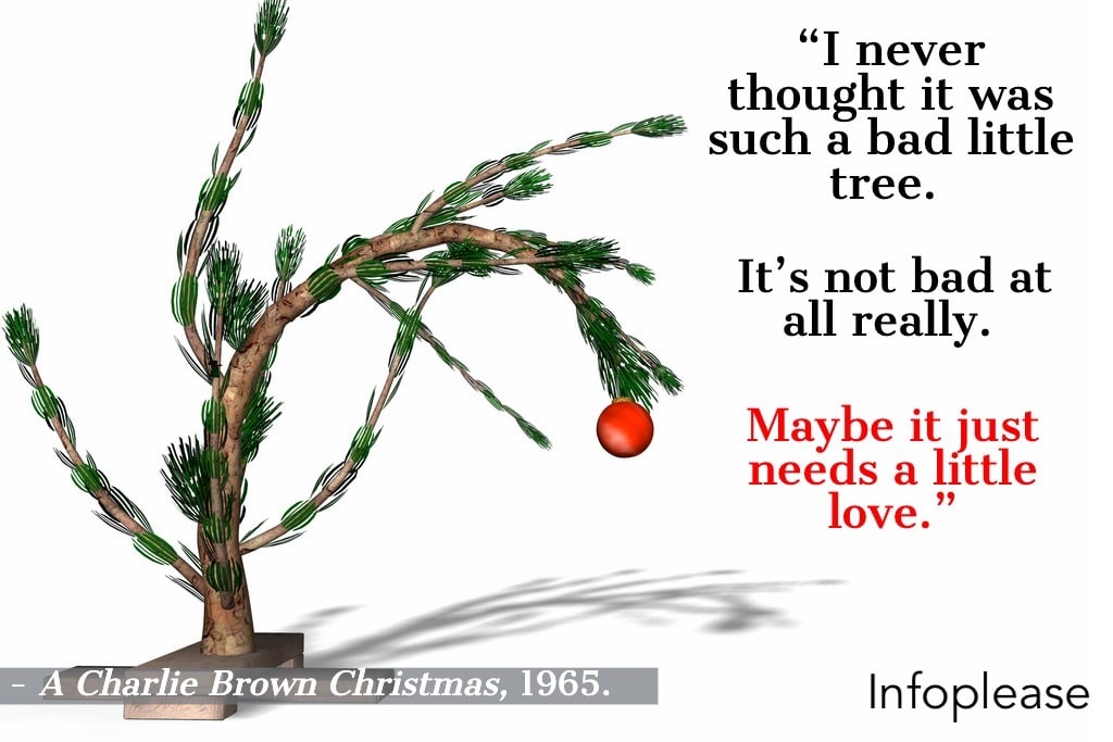 Charlie Brown quote over a small, bent Christmas tree