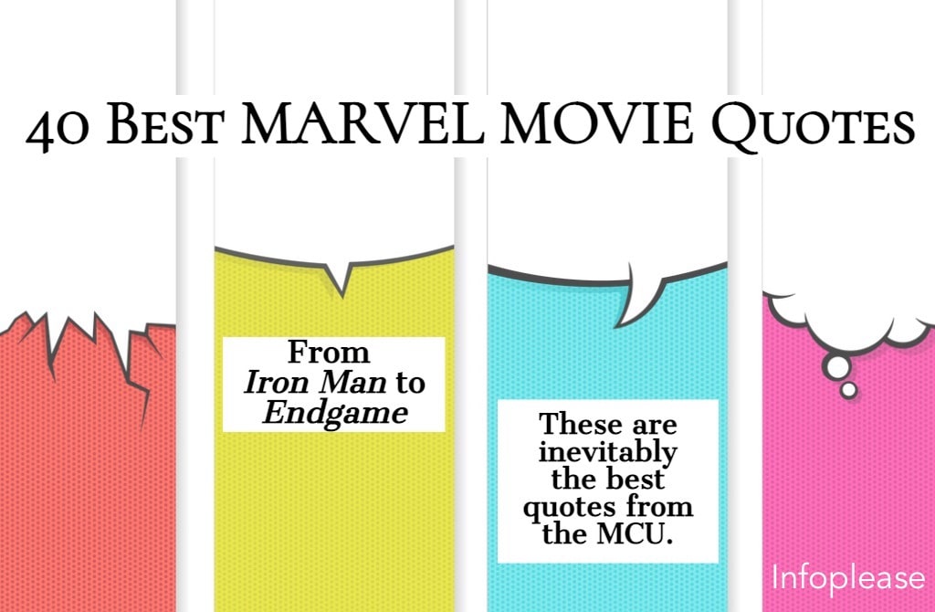 Marvel movie quotes title over comic speech bubbles