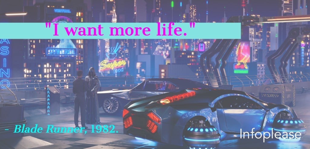 Blade Runner quote over cyberpunk cityscape