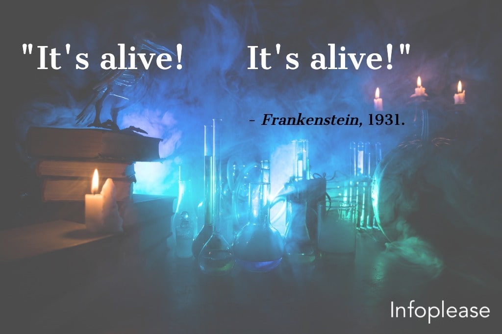 Frankenstein quote over creepy wizard laboratory