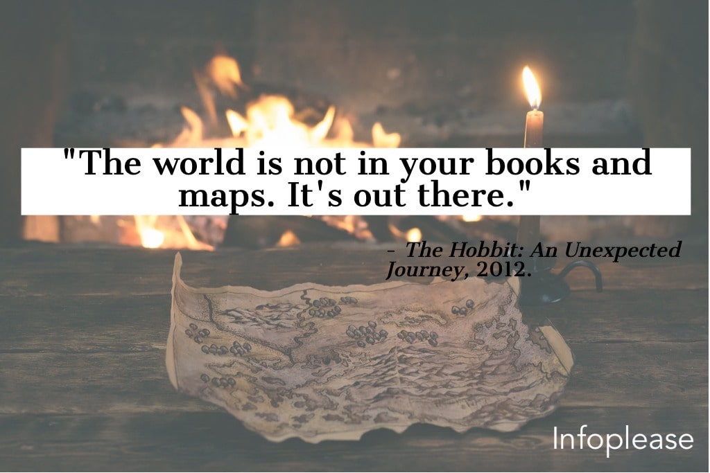 The Hobbit quote over hand drawn map and fireplace