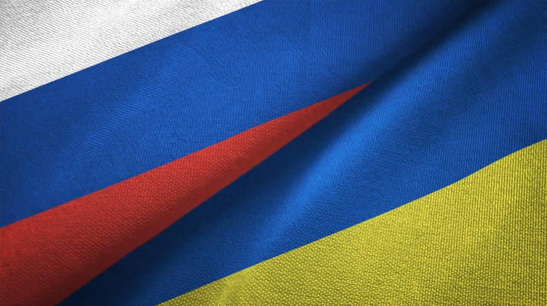 Ukraine and Russia flags together