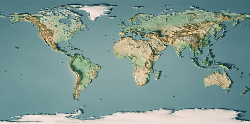 3d-rendered world map showing continents