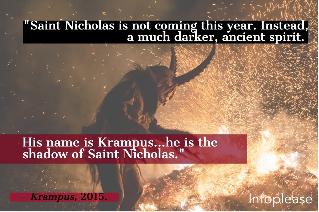 Krampus quote over spooky holiday bonfire and creature