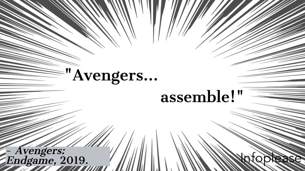Avengers assemble quote over superhero background