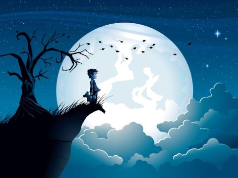 Child looks out over a full moon