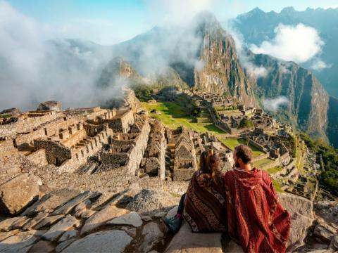 Couple overlooking Machu Picchu