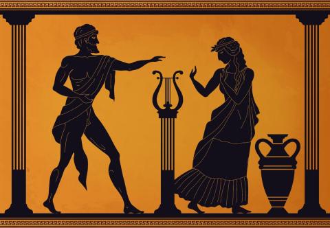 Ancient Greece scene. Antic vase with silhouettes of mythology characters and gods, Vector legendary Greek people pattern
