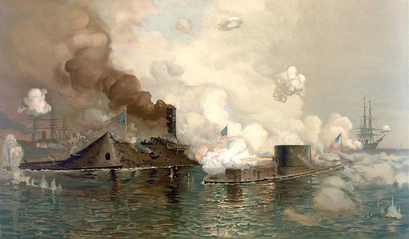 The first battle between two ironclad ships, the Monitor (Union) and Merrimack (Confederate) occurre