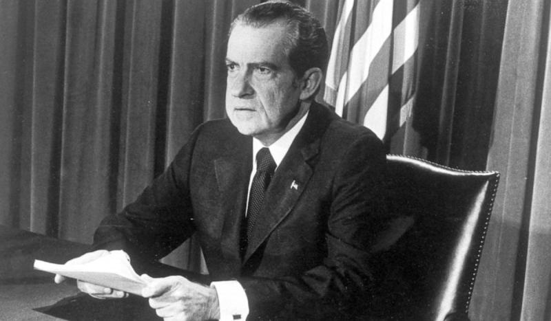 President Nixon announced he would resign the following day as a result of the Watergate scandal.