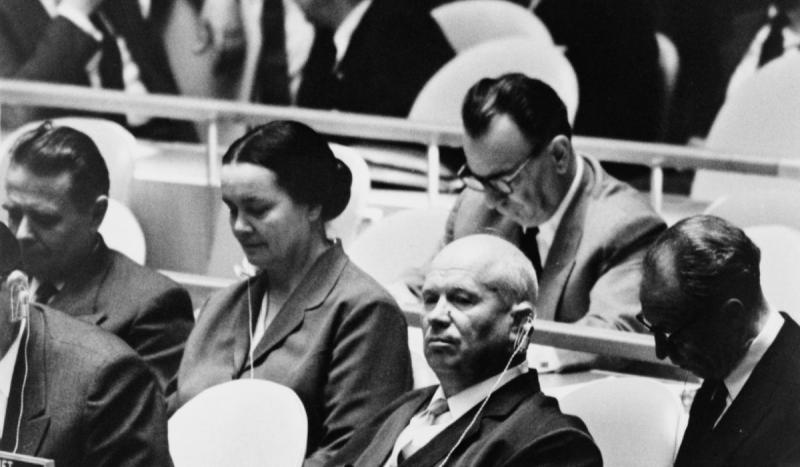 Soviet premier Nikita Krushchev created a disturbance at the U.N. General Assembly by pounding his d