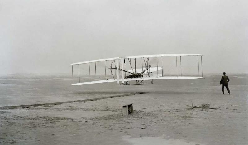 Orville and Wilbur Wright made the first flight in a heavier-than-air plane at Kitty Hawk, N.C.
